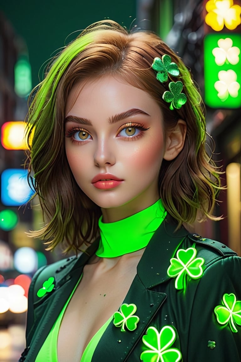 (Saint Patrick's Day, lively city night scene, green fluorescein neon lighting, contrast with beautiful night sky), Detailed Textures, high quality, high resolution, high Accuracy, realism, color correction, Proper lighting settings, harmonious composition, Behance works,xxmix_girl,aesthetic portrait