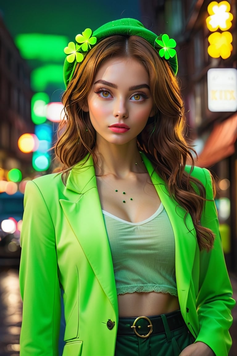 (Saint Patrick's Day, lively city night scene, green fluorescein neon lighting, contrast with beautiful night sky), Detailed Textures, high quality, high resolution, high Accuracy, realism, color correction, Proper lighting settings, harmonious composition, Behance works,xxmix_girl,aesthetic portrait