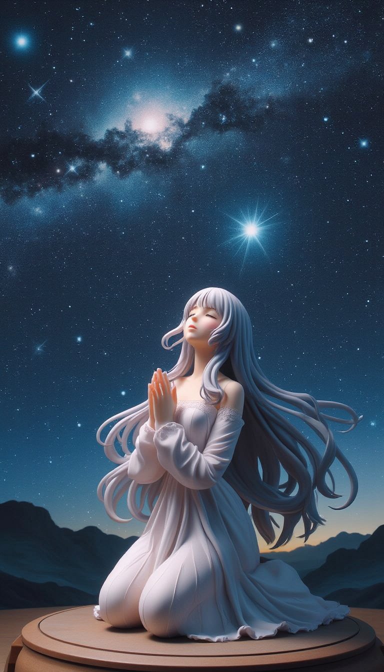 Dedicated to Reiji Matsumoto. A mysterious woman with a thin face, long, beautiful eyes and very long eyelashes. The woman has supple and surprisingly long silver hair, and is quietly closing her eyes, kneeling, looking up at the sky, and praying to the stars with her hands clasped in front of her chest. The background of the nebula and galaxy makes the mysterious woman in an off-the-shoulder long dress even more mysterious.,create figure 2