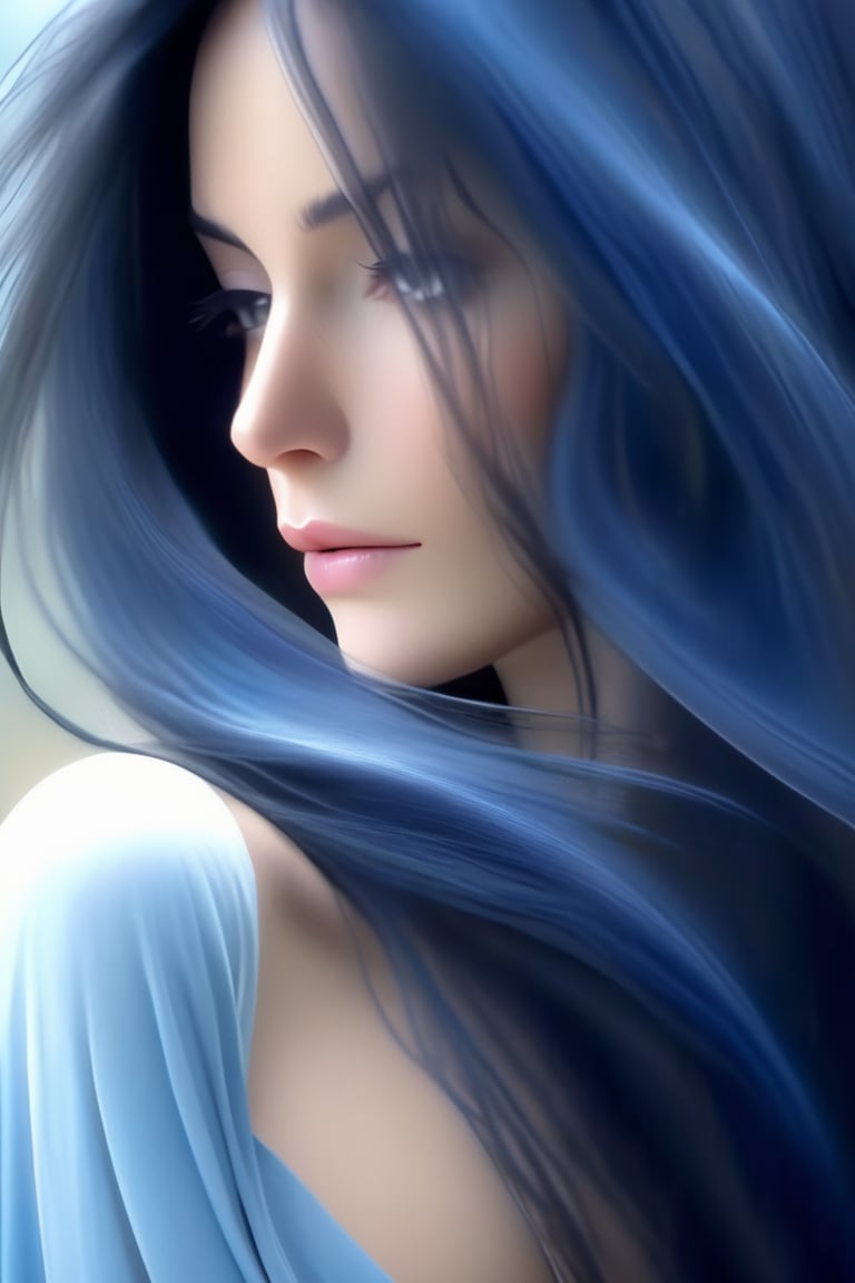 (Stunningly beautiful woman, dark blue soft long hair, flexible waist, gentle breeze), (photorealistic:1.4), detailed texture, high quality, high resolution, high precision, realism, color Correction, proper lighting settings, harmonious composition, Behance work