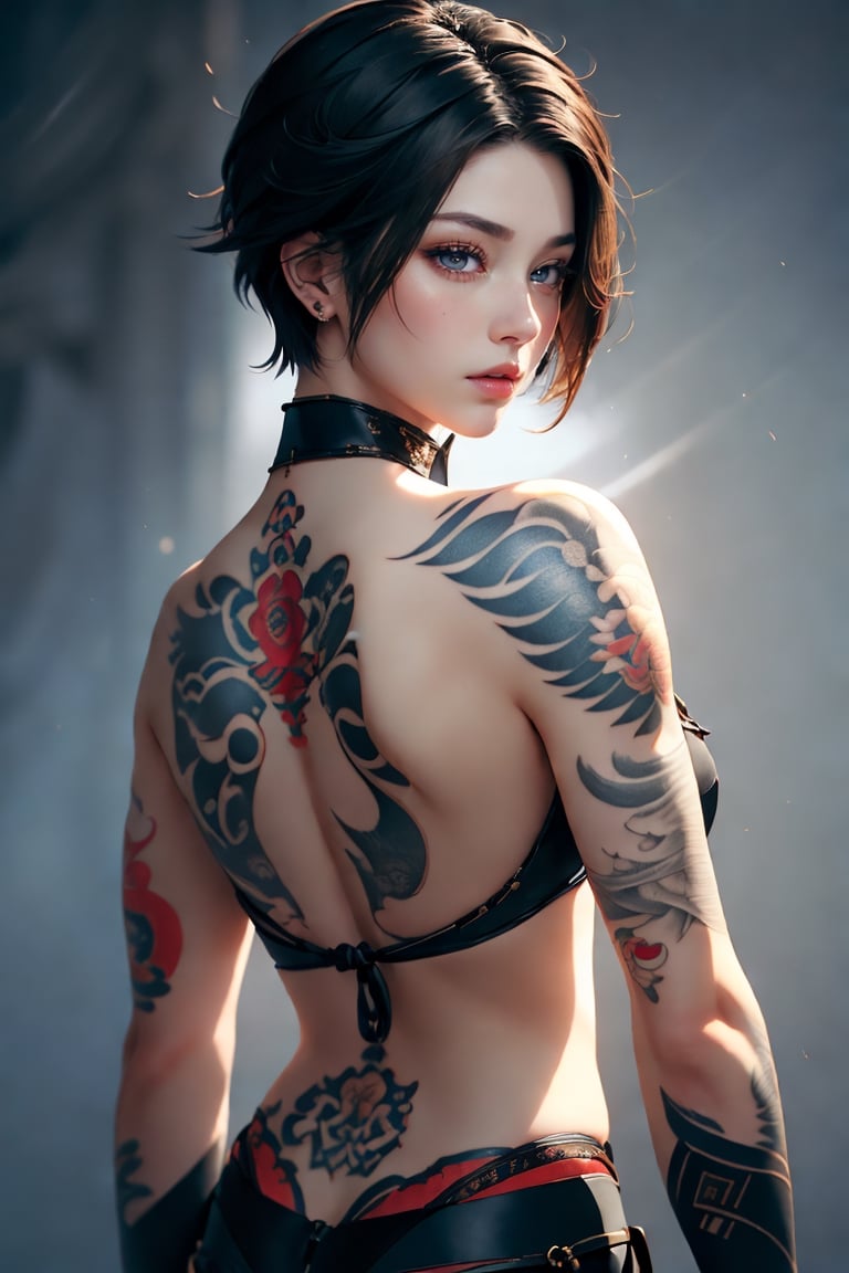 (With the theme of "Genshin & Tattoos", a beautiful back depicting an amazingly beautiful short-haired woman, high artistry with studio lighting, vivid colors, and deep depth of field), Detailed Textures, high quality, high resolution, high resolution Accuracy, realism, color correction, Proper lighting settings, low noise, sharp edges, harmonious composition,1 girl