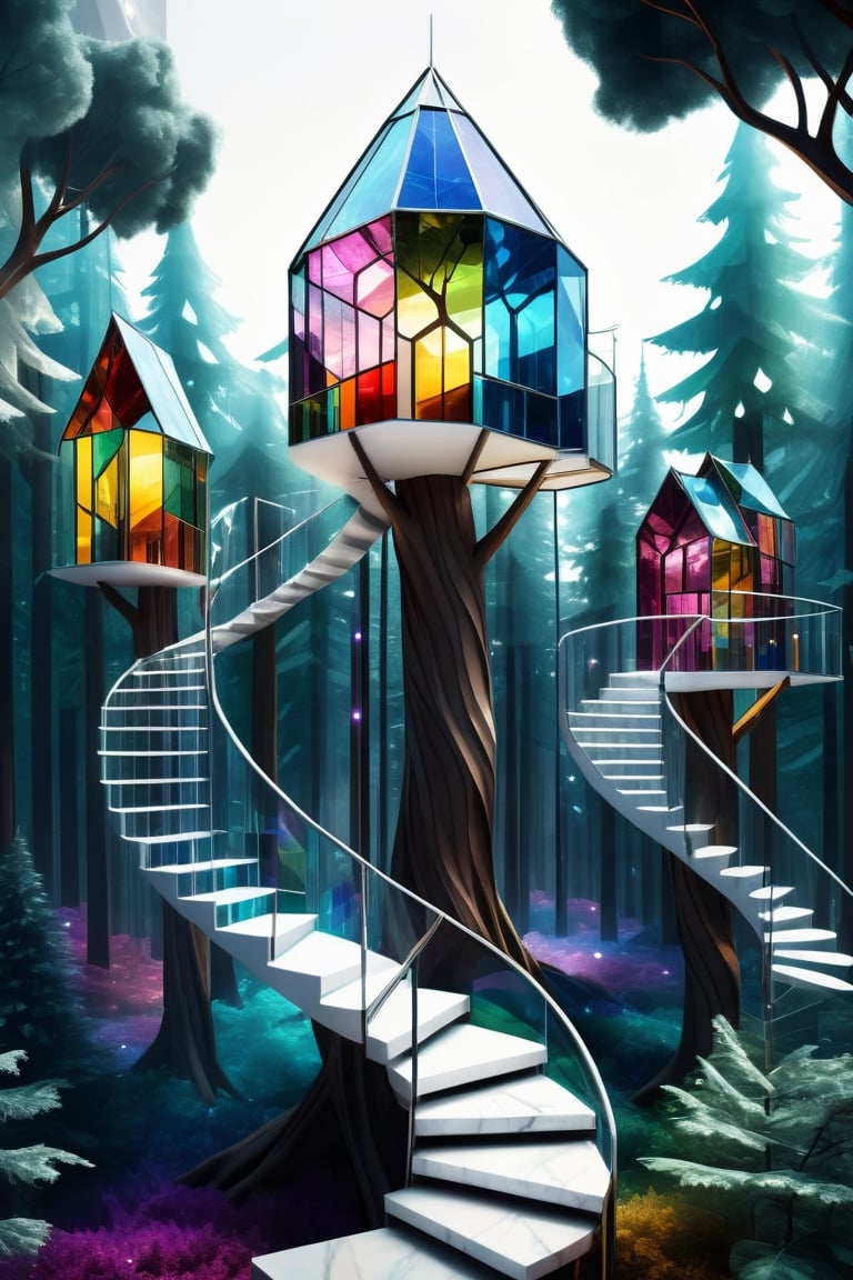 (aerial View of stained glass crystal transparent Treehouses village in a forest. Minimalistic crystal colorful futuristic trehouses architecture art on top trees white crystal marble staircase in every fantasy tree. concept art Surreal. perfect lighting. Digital illustration), Detailed Textures, high quality, high resolution, high Accuracy, realism, color correction, Proper lighting settings, harmonious composition, Behance works