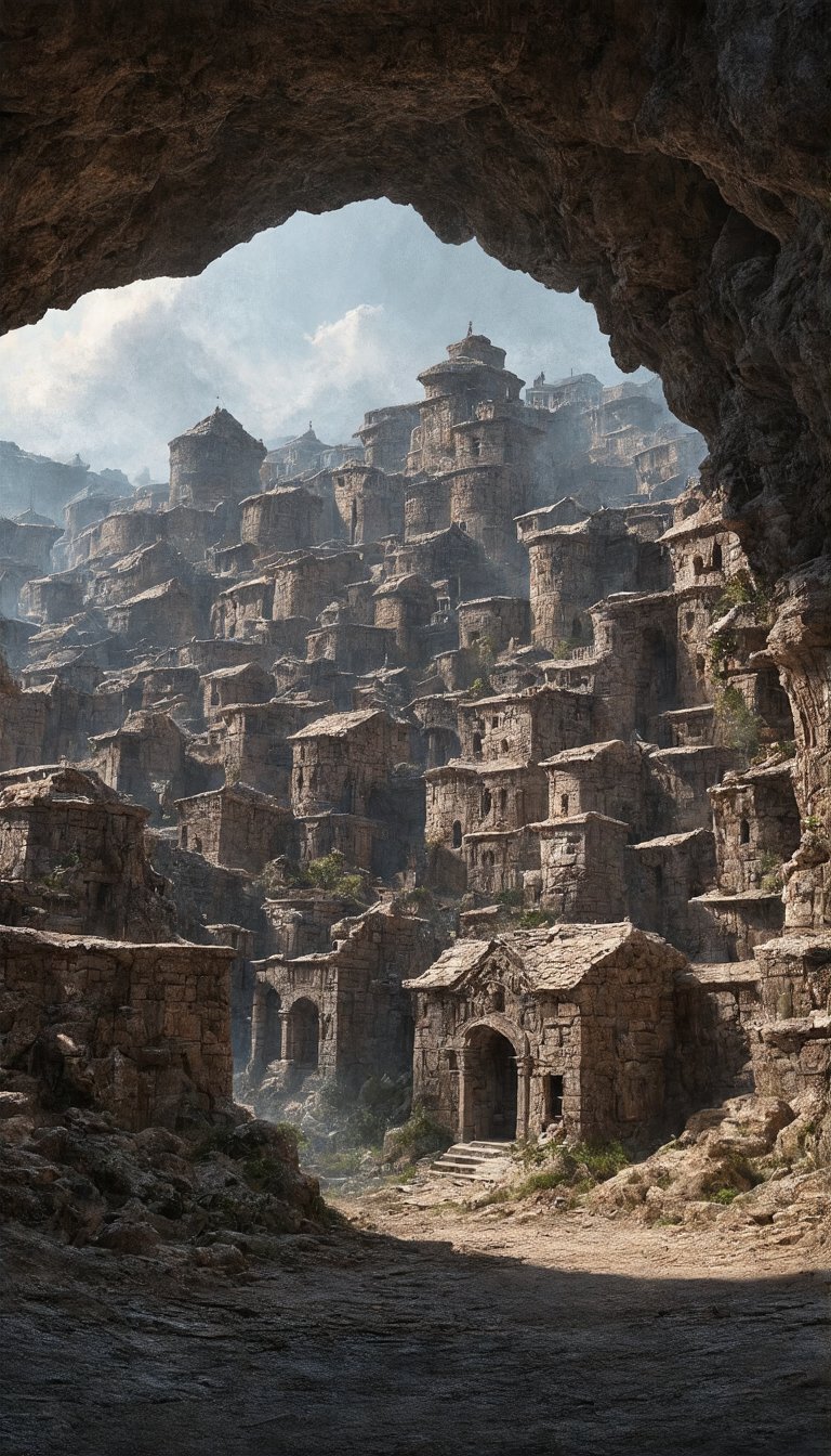 (Concept art depicting a city composed entirely of folded stone warehouse structures, meticulously sculpted from stone, with carvings on the cave-like walls, all details achieved with an astonishing level of stone craftsmanship, employing a triadic color scheme that showcases contrasting shades, a maximalist approach with a mandelbulb theme, textures that reveal depth and detail, color correction enhancing visual harmony, ambient lighting creating a balanced composition), Detailed texture, High quality, High resolution, High precision, Realism, Color correction, Proper lighting settings, Harmonious composition, Behance Works,FuturEvoLabStyle