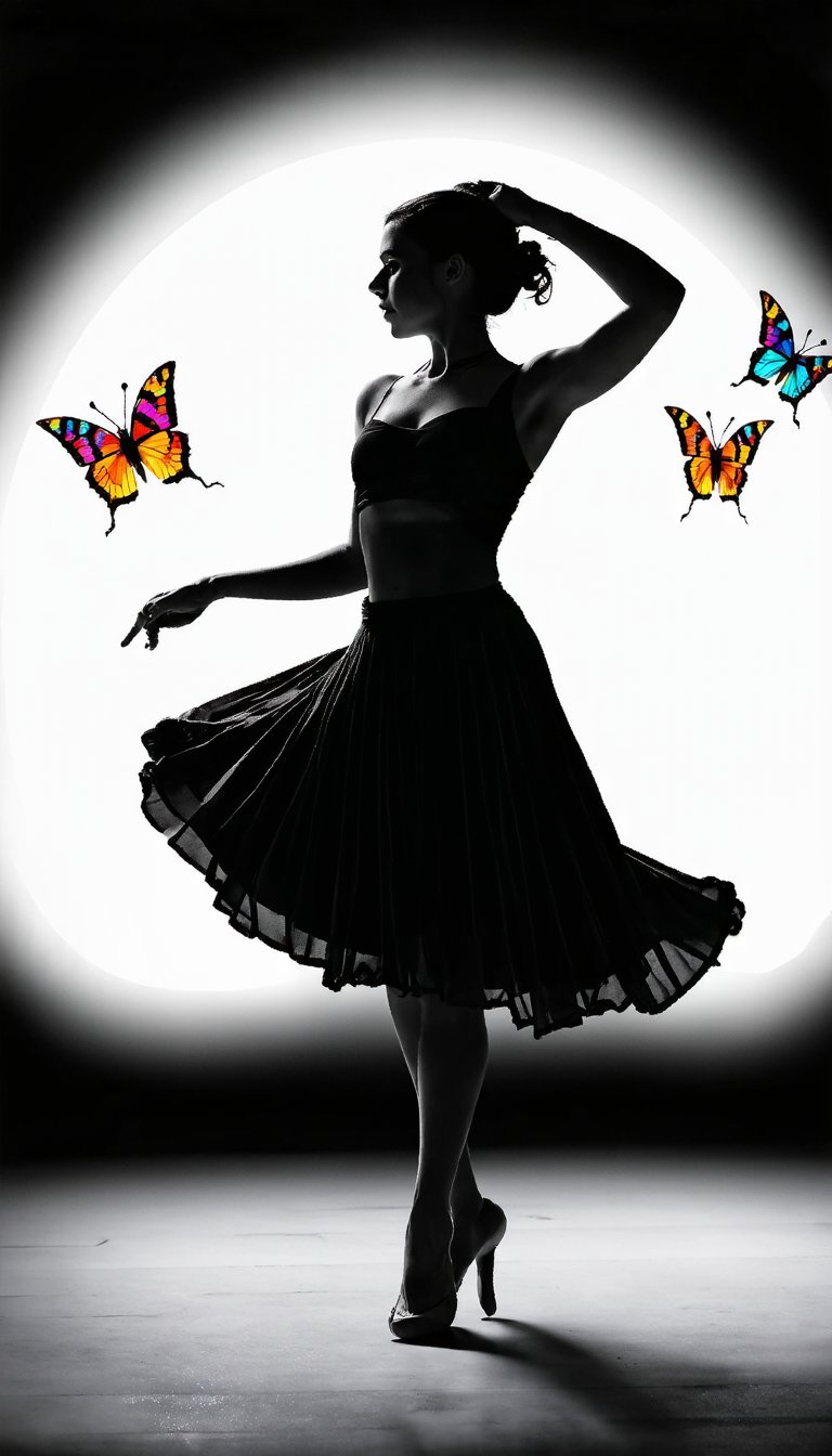 (A dancer's silhouette captured mid-twirl, her skirt a fluid motion in monochrome shades, stands in stark contrast to the kaleidoscope of brightly colored butterflies. The figure, devoid of color, is alive with dynamic movement. The depth of field centers on her, with a bokeh effect making the butterflies seem to dance in the air. Caught mid-step, she moves with elegant arcs and swirls against a softly blurred background, all under the dramatic play of light and shadow known as chiaroscuro, creating a striking silhouette portrait), Detailed Textures, high quality, high resolution, high Accuracy, realism, color correction, Proper lighting settings, harmonious composition, Behance works,majien