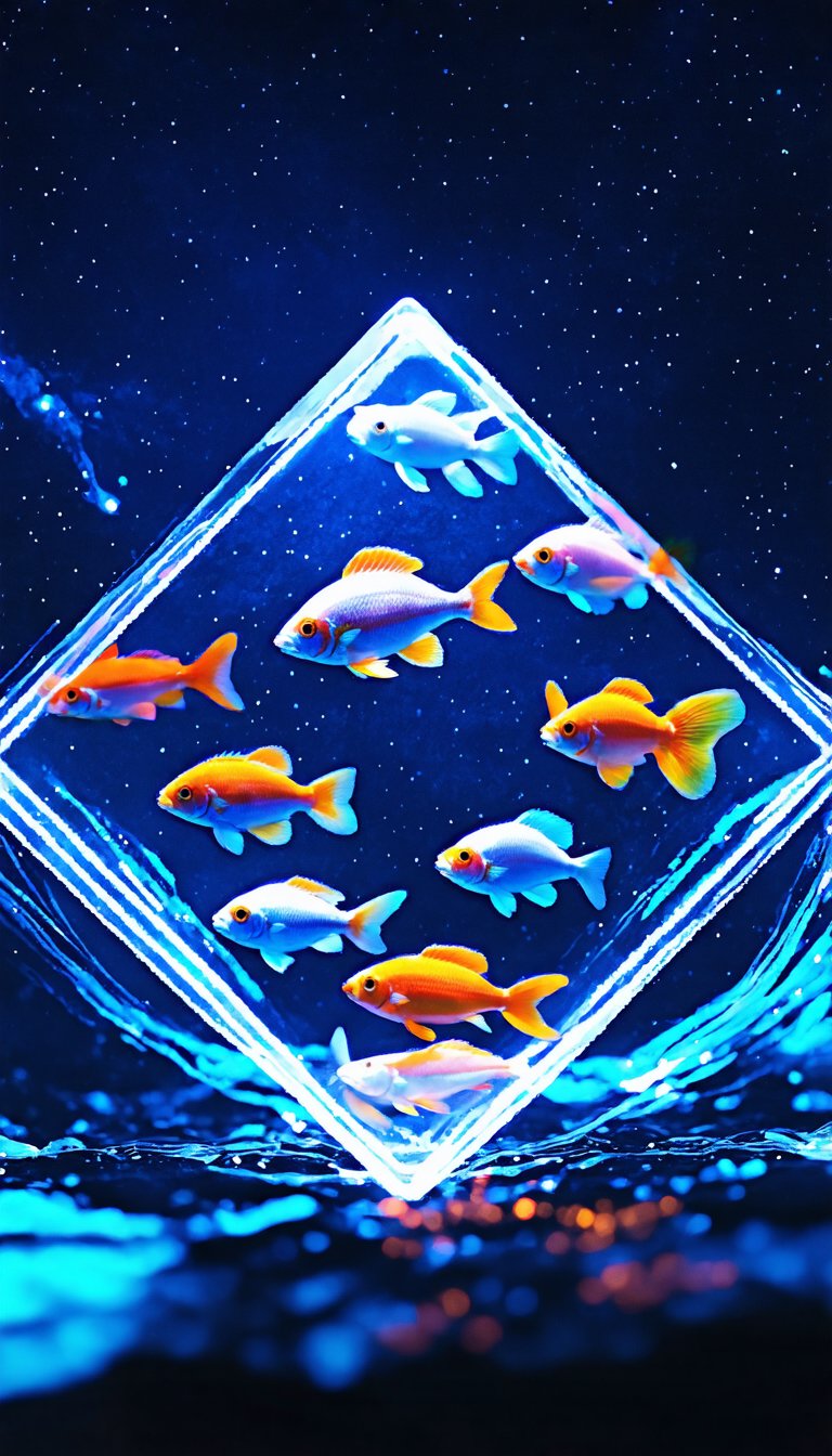 (Regular octahedron acrylic container, bioluminescence of many tropical fish in the container, background of flowing nebula galaxy, effective lighting, illusion), RAW photo, Unreal Engine, Octane Rendering, Ultra High Quality, Ultra High Resolution, Surreal, Color Correct, Good Lighting Settings, Good Composition, Very Low Noise, Sharp Edges, Harmonious Composition, Ultra Precision, Masterpiece, Award-winning work