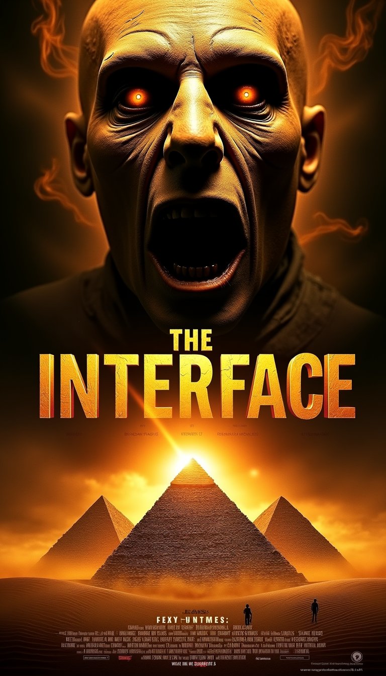 The parody dramatic movie poster for The Mummy features a striking composition in an intense warm color palette of orange, yellow, and black. A large grotesque face at the top of the poster takes center stage, rendered with a textured, ghoulish appearance. The face has exaggerated features, including large, hollow eye sockets and a wide-open mouth, creating an eerie, frightening expression. The skin appears rough and mummified, and deep shadows accentuate its frightening appearance. The face takes up most of the top, lit by a bright, fiery light from which dynamic rays of fire emanate, creating a sense of movement and intensity. The background is filled with swirling flames and smoke in amber and dark brown hues, creating an ominous atmosphere. In the lower third of the poster, the dark silhouettes of three pyramids can be seen against a fiery background, their textured surfaces emphasizing their ancient, monumental nature. The pyramids are rendered with fine lines, cracks, and scratches, giving them a stark, ancient look along with their slightly lit bases. The sand beneath the pyramids has subtle rippling patterns, suggesting movement and emphasizing the desolate setting. The title "THE INTERFACE" appears large at the bottom center, with "THE" in a smaller regular serif font, above "INTERFACE". "INTERFACE" is much larger and glows with a bright orange-yellow light that illuminates the surrounding lettering. The letters are gold with a rough, embossed texture and a slight glow, creating a dramatic effect. Below the title, additional production credits appear in small white letters, including the names of Brendan Fraser, Rachel Weisz, and Stephen Sommers. At the bottom, the website "www.Nanchatte series TA.com" appears in white. The overall atmosphere is intense and mysterious, with high contrast and color saturation enhancing the dramatic effect, creating a strong visual impact that perfectly embodies the adventure and horror elements of the film.