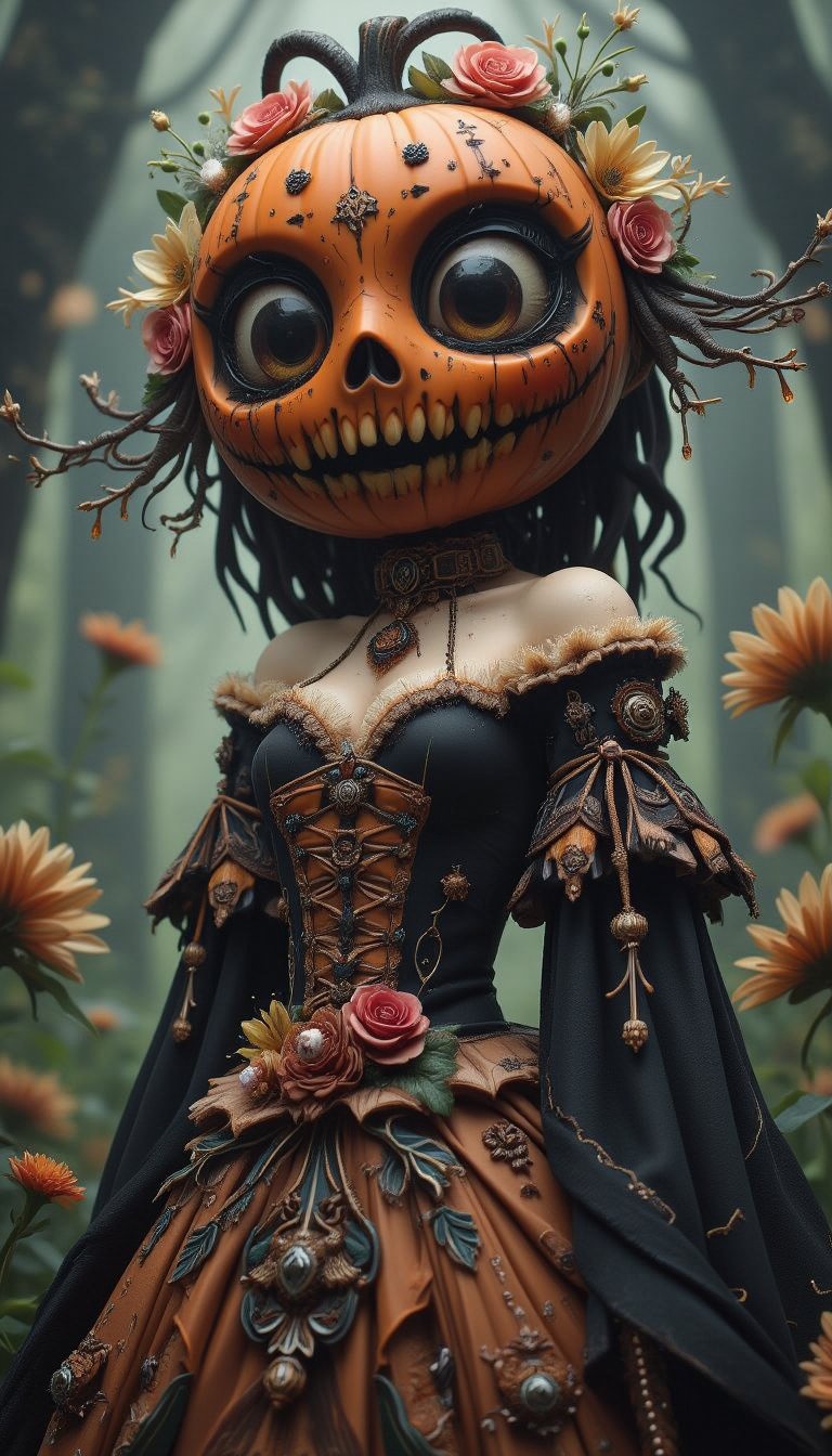 The artwork conjures a vision of a ghostly pumpkin bride, her visage marked by black tears and a tattered bridal gown. This scene is rendered with subtle illumination that enhances the horror, creating a dark and haunting atmosphere. The piece boasts a film grain texture, achieving a level of hyperrealism that is both ultra-detailed and luminous. Inspired by the styles of WLOP and Craola, it transports the viewer to a mystical wonderland filled with flowers, fantasy, and glitter. The complex background, dynamic lighting, and intricate pose contribute to a digital painting that is not only highly detailed and cute but also features delicate filigree work, showcasing the best quality of artistry.,VNS_Add more details,create figure 2,Flux