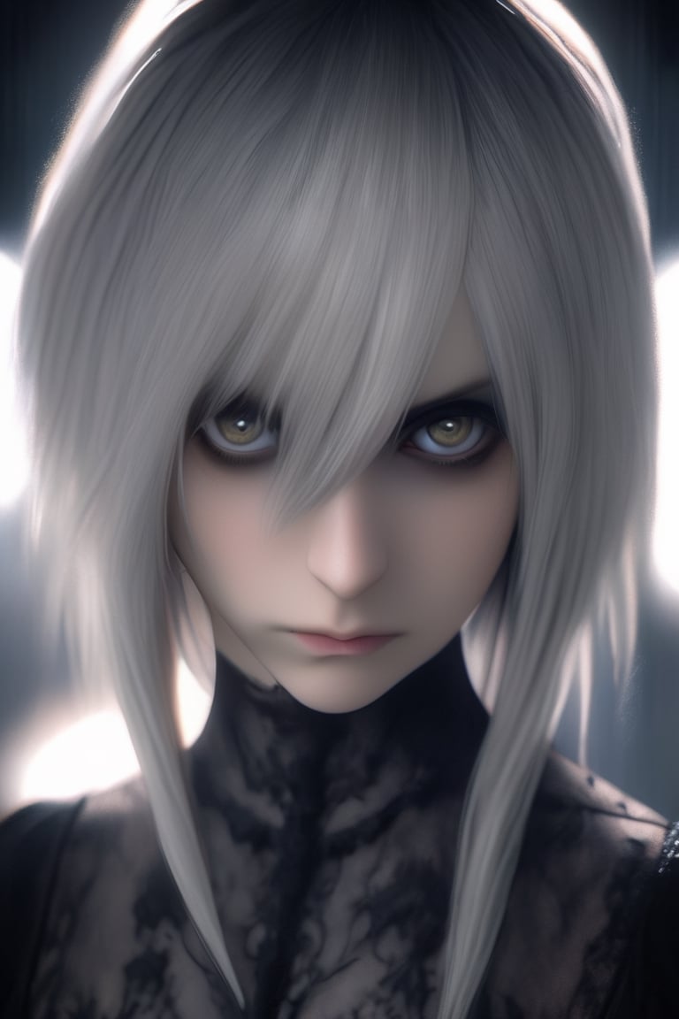 (1girl, solo, long hair, bangs, blonde hair, dress, upper body, black eyes, grey eyes, goth person, yorha2b), Detailed Textures, high quality, high resolution, high Accuracy, realism, color correction, Proper lighting settings, harmonious composition, Behance works