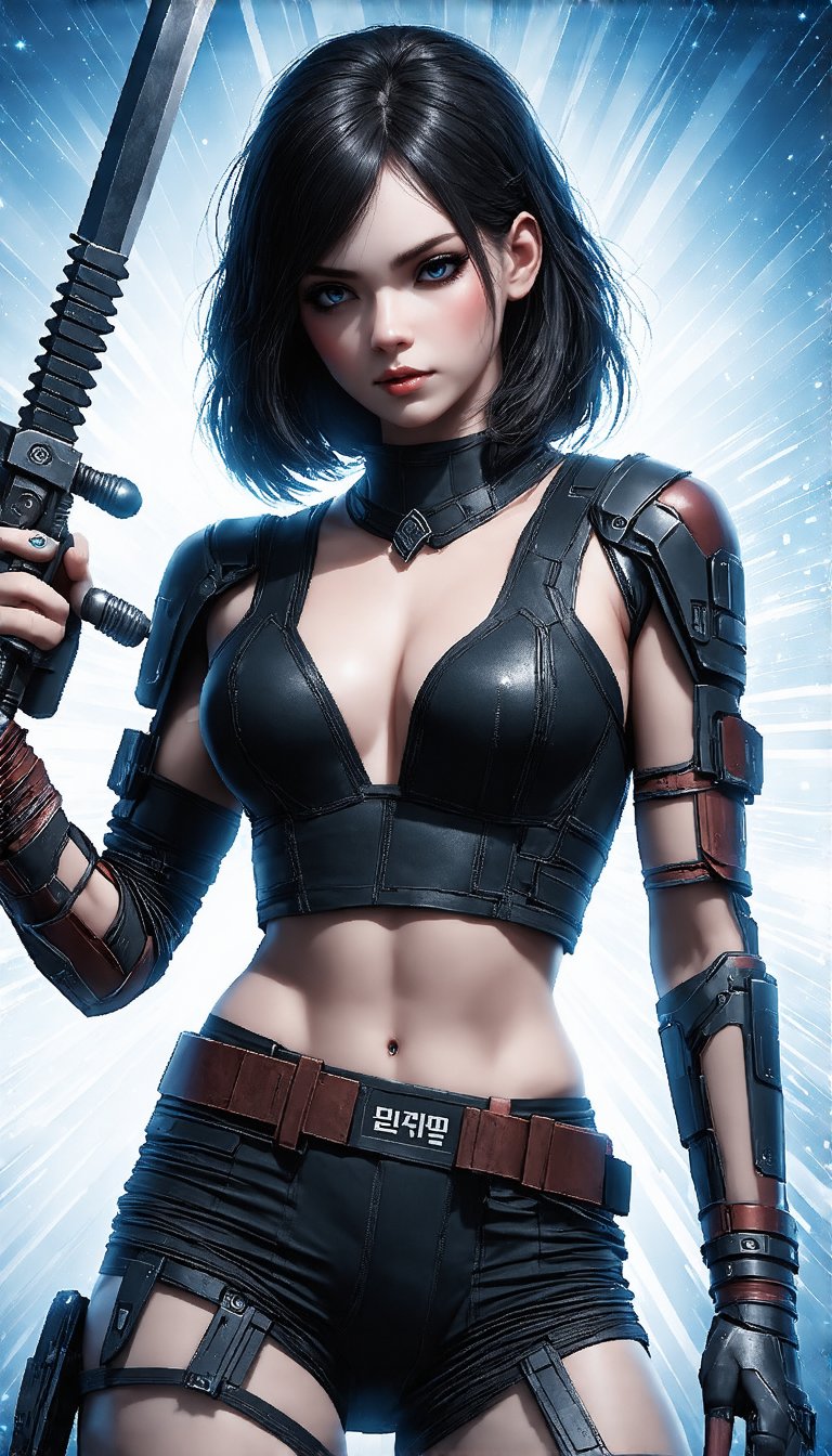 (a futuristic female warrior holding a katana, detailed skin, pale skin, in a deep neckline highly detailed futuristic cyberpunk black crop top and underpants made of circuit boards, korean words with a flare effect, beautiful epic composition, Mysterious), Detailed Textures, high quality, high resolution, high Accuracy, realism, color correction, Proper lighting settings, harmonious composition, Behance works,cocoart,ek_art_b00ster