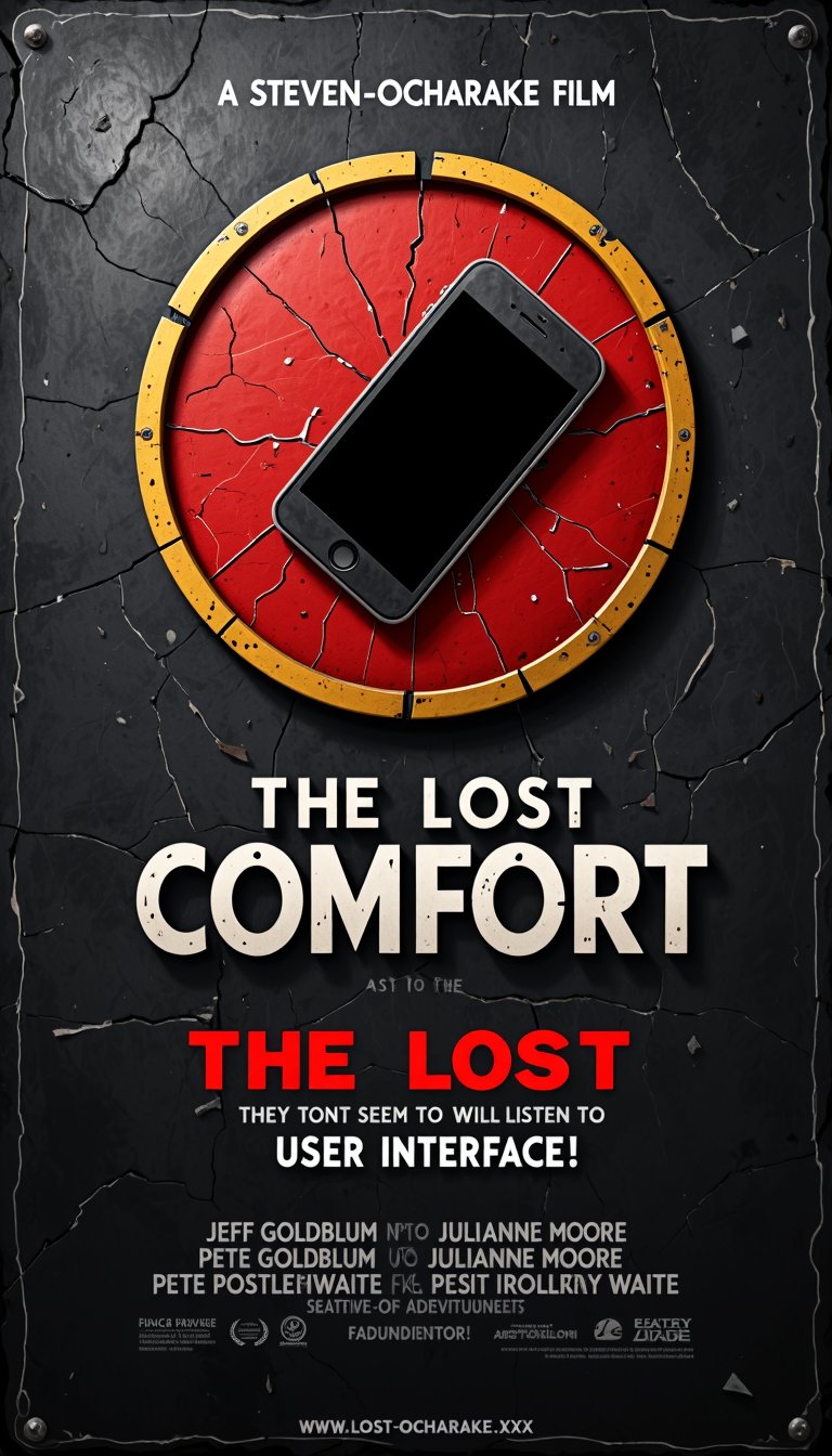 A parody of the movie poster "The Lost World: Jurassic Park" with a worn texture and a circular emblem in the center. The emblem features a bold worn red circle with a cracked texture and yellow outline, containing within it a cracked computer display, a black silhouette of a tilted smartphone. The display structure is rendered in a finely worn style with a zigzag outline, on a rough textured background. Below the emblem, the title "THE LOST COMFORT" is prominently displayed in large, bold white capital letters, with a worn texture with a yellow outline and black shadow. Below that, "USER INTERFACE" is written in smaller letters that match the style and color. Below the main title, the tagline "They don't seem to be willing to listen to us!" is placed in three separate lines in bold red capital letters, with a worn texture and a sinister atmosphere. At the top center, the text "A STEVEN OCHARAKE FILM" appears in small white capital letters. The background is a dark charcoal grey with a subtle grunge texture reminiscent of worn leather and stone that enhances the eerie atmosphere. Various production credits are listed in small white capital letters at the bottom of the poster, including Jeff Goldblum, Julianne Moore, and Pete Postlethwaite. The website "www.lost-comfort.xxx" also appears in white at the bottom. The overall color palette is high contrast and low brightness, consisting of black, red, yellow, and white. The poster features a vintage style with a gritty, adventurous feel that accentuates the suspenseful theme of the film.