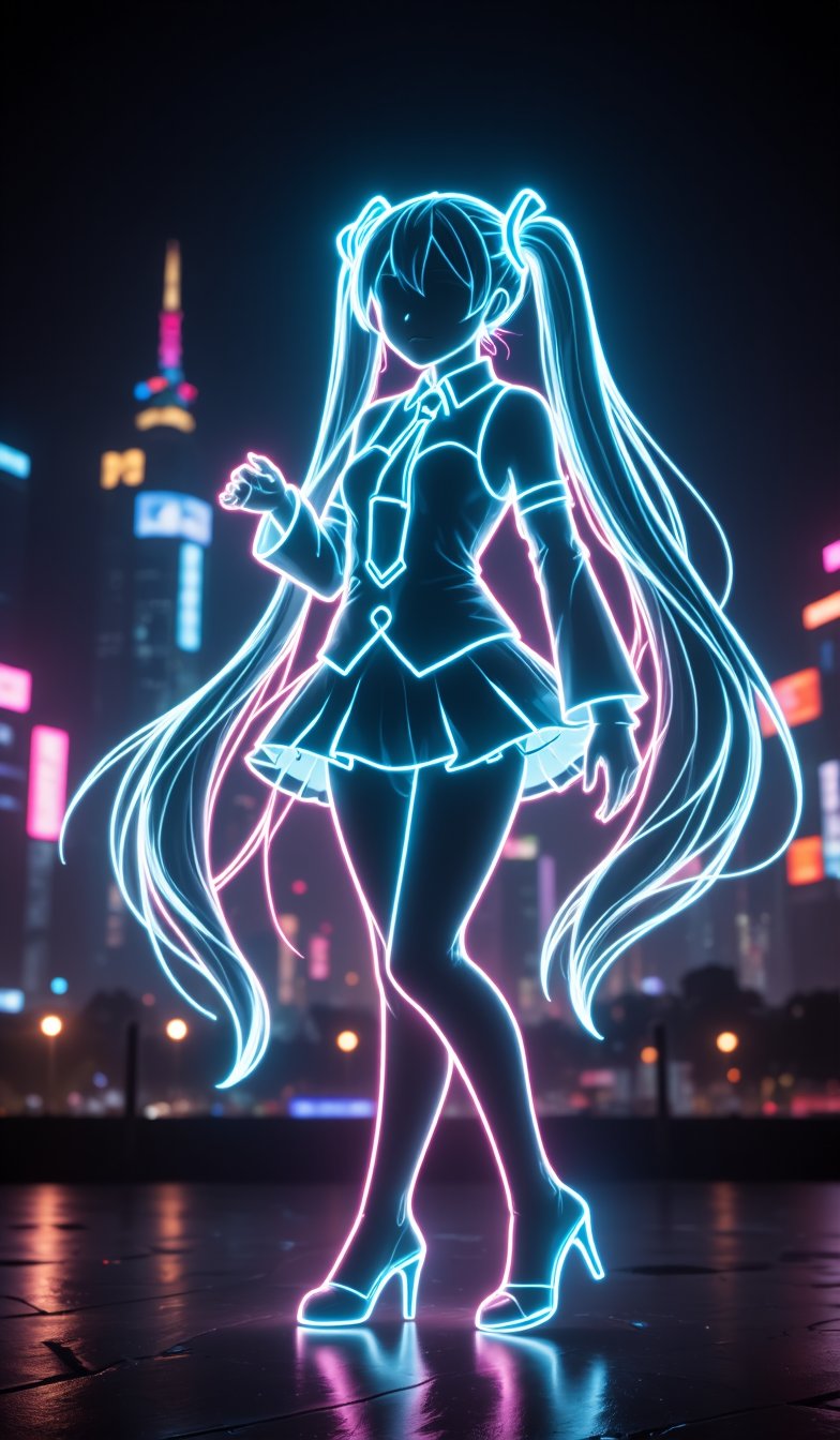 A full-body silhouette, outlined only, in the neon shape of Hatsune Miku's silhouette, colorless body, with only the outline in neon tube light illumination, shining brightly with a neon intensity of 1.4, set against a dancing pose and a Night view of the city background.,hologram