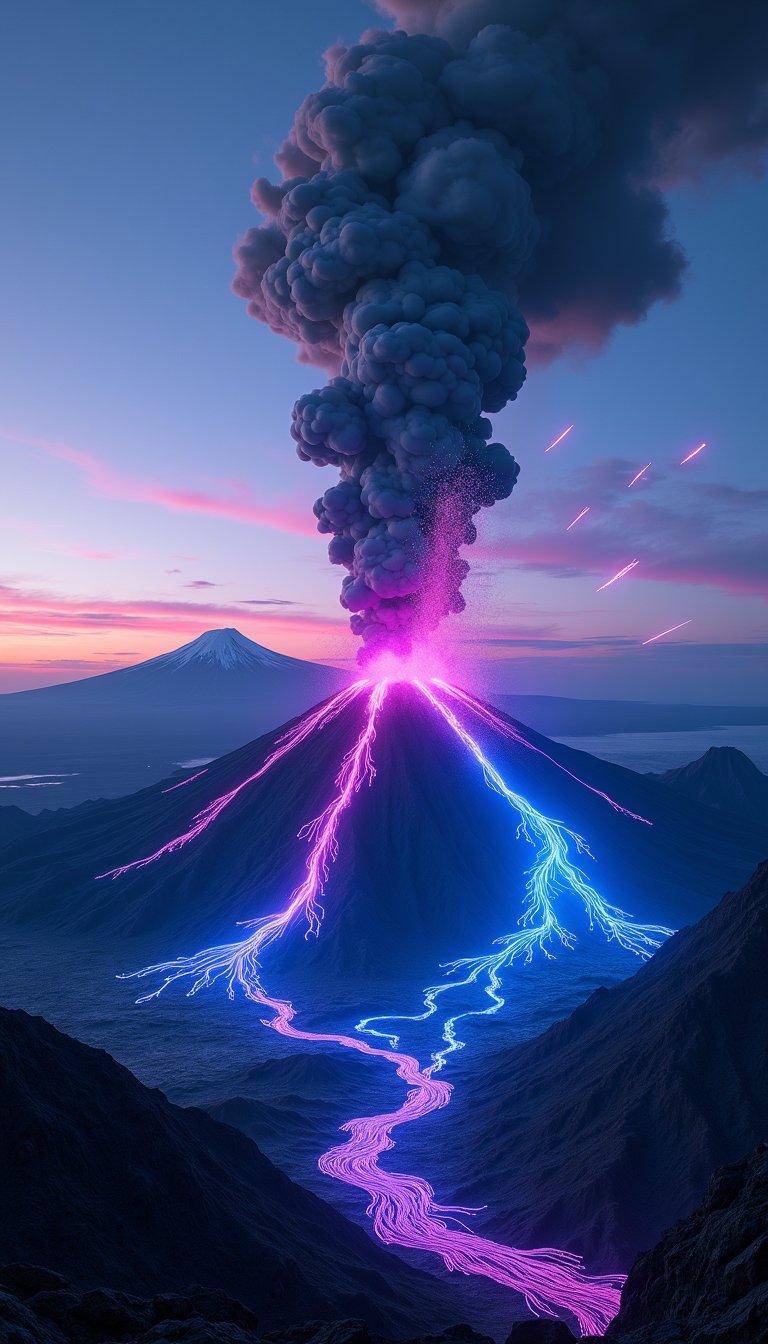 A highly dynamic digital artwork depicting a violent volcanic eruption at dusk. The central focal point is a large dark-colored volcano that occupies the top center of the image, with a huge plume of thick grey smoke rising straight into the sky. Bright, neon-like lava streams pour down from the slopes of the volcano in electric blue and purple hues, creating lightning-like patterns across the landscape. These glowing streams light up the surroundings, creating a mesmerizing contrast against the dark volcanic landscape. A bright blue and white plume of ash and gas also rises from the top of the volcano, adding to the dramatic effect. In the foreground, glowing blue and purple lava flows over the rocky terrain, illuminating the dark rocks and creating intricate patterns on the ground. The background depicts a vast, serene landscape with a high mountain range in the distance, with its snow-capped peaks glowing faintly under the twilight sky. The sky changes from a deep blue at the top to a warmer gradient near the horizon, with purple and pink hues reminiscent of dusk or dawn. The scene is accentuated by multiple streaks of light that appear to be meteors or shooting stars, creating a dramatic atmosphere. The overall composition is vertical, high contrast and vibrant in colour, creating a powerful and visually striking scene that captures the raw energy and beauty of nature's ferocity in a surreal and evocative landscape.