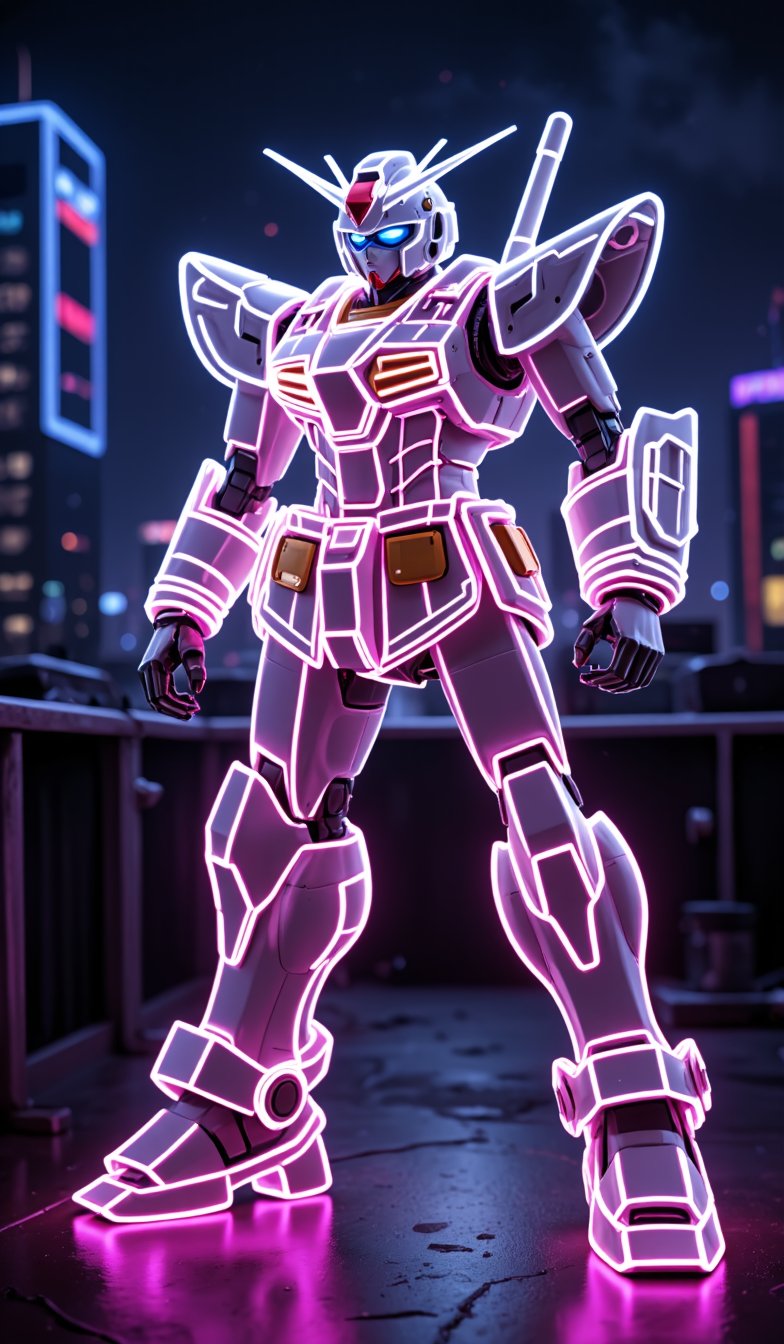 A full-body silhouette, outlined only, in the neon shape of GUNDAM's silhouette, colorless body, with only the outline in neon tube light illumination, shining brightly with a neon intensity of 1.4, set against a dancing pose and a night sky background.,Neon