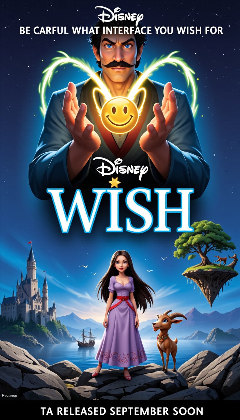 A vivid and magical movie poster for the parody Disney animated film "Wish". The background is a deep blue midnight sky dotted with countless twinkling stars, creating a celestial atmosphere. At the top center, a larger-than-life animated character with dark hair, vibrant blue eyes, thick eyebrows, and a mustache is depicted, holding a glowing gold smiley face pendant between his hands. His hands are surrounded by vibrant neon green magical energy that resembles flames or tendrils. Glittering trails of gold particles emanate from his hands and arc around the title text. In the top left of his face, the text "BE CARFUL WHAT INTERFACE YOU WISH FOR." appears in white bold capital letters. Below that, the Disney logo is written in a blue classic script font. The title "WISH" appears prominently in large, stylized sky blue letters with a slight gradient, each letter is outlined in gold, and the "I" contains a small star at the top. A young woman with long, straight dark hair stands confidently at the bottom center wearing a flowing lavender dress with intricate red embroidery near the hem and a crimson belt tied in a bow. Her right arm is raised as if reaching for the sky, while her left arm is slightly bent at the elbow. A small, brownish-yellow, anthropomorphic goat-like creature with large, expressive eyes and drooping ears stands next to her, looking up at her. They stand on craggy rocks with intricate textures. Surrounding them are circular trails of shimmering gold particles, resembling sparkling dust or magical energy. To the left is an elaborate Gothic castle perched on the edge of a cliff overlooking a calm body of water where a small sailing ship is anchored. To the right, a unique floating island with lush vegetation and large gnarled trees complement the fantastical background. The entire composition is centered, with high contrast and vibrant colors evoking a sense of wonder and enchantment. At the bottom there is additional text in bold white capital letters stating "TA Released September Soon."