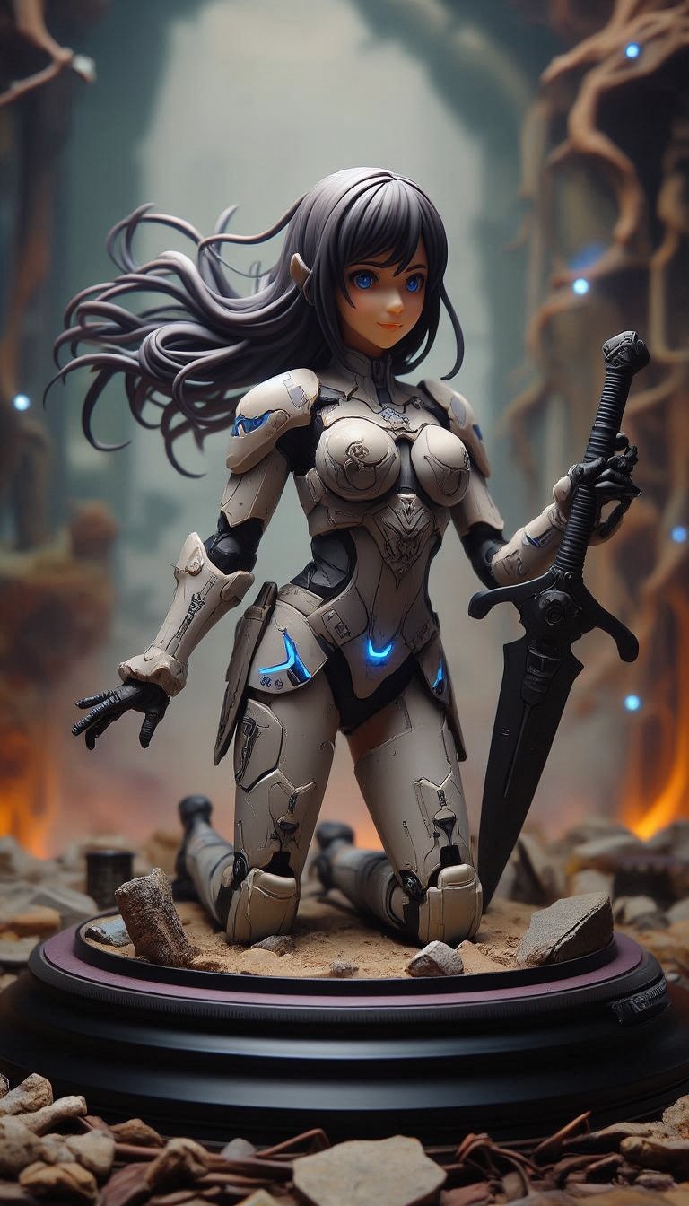 Highly detailed figure, Futuristic scene featuring a young female warrior, kneeling in a dynamic pose. She is dressed in a sleek, form-fitting bodysuit that combines metallic armor elements with futuristic fabric. The suit has a light, reflective material with glowing blue lights, especially on the shoulders and waist, giving off a high-tech vibe. Her long black hair flows dramatically behind her, emphasizing motion as she appears to have just landed or is preparing to attack. She wields a large, sharp, black-bladed sword resting on the ground. Her expression is focused and determined, reflecting readiness for battle.
The setting is a biomechanical environment with tangled roots and organic, pulsating textures visible in the background. The area seems to be part of an alien or dystopian structure, blending technology and nature, where rough, organic shapes merge with metallic elements. The lighting is a mix of soft, ambient glows from the environment, highlighting the textures of the surroundings, while a subtle warm light bathes the background. The overall atmosphere is tense, as if preparing for an intense confrontation or battle.,create figure 2