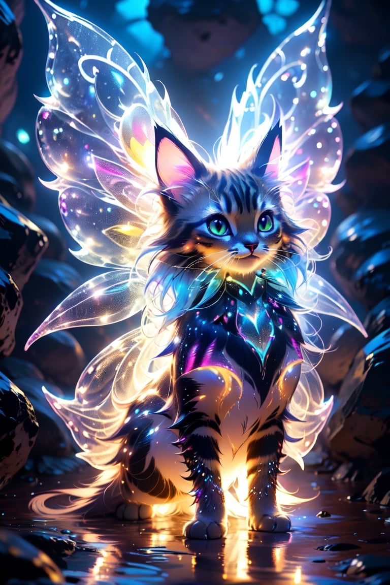 (KAWAII, a holographic cat-like creature with sparkling fine scales, a fantasy creature, a cute creature with fluorescent wings), detailed texture, high quality, high resolution, high resolution, accuracy, realism, color correction, proper lighting settings, low noise, sharp edges, harmonious composition,cat