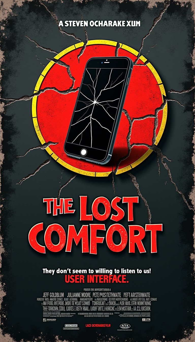 A parody of the movie poster "The Lost World: Jurassic Park" with a worn texture and a circular emblem in the center. The emblem features a bold worn red circle with a cracked texture and yellow outline, containing within it a cracked computer display, a black silhouette of a tilted smartphone. The display structure is rendered in a finely worn style with a zigzag outline, on a rough textured background. Below the emblem, the title "THE LOST COMFORT" is prominently displayed in large, bold white capital letters, with a worn texture with a yellow outline and black shadow. Below that, "USER INTERFACE" is written in smaller letters that match the style and color. Below the main title, the tagline "They don't seem to be willing to listen to us!" is placed in three separate lines in bold red capital letters, with a worn texture and a sinister atmosphere. At the top center, the text "A STEVEN OCHARAKE FILM" appears in small white capital letters. The background is a dark charcoal grey with a subtle grunge texture reminiscent of worn leather and stone that enhances the eerie atmosphere. Various production credits are listed in small white capital letters at the bottom of the poster, including Jeff Goldblum, Julianne Moore, and Pete Postlethwaite. The website "www.lost-comfort.xxx" also appears in white at the bottom. The overall color palette is high contrast and low brightness, consisting of black, red, yellow, and white. The poster features a vintage style with a gritty, adventurous feel that accentuates the suspenseful theme of the film.