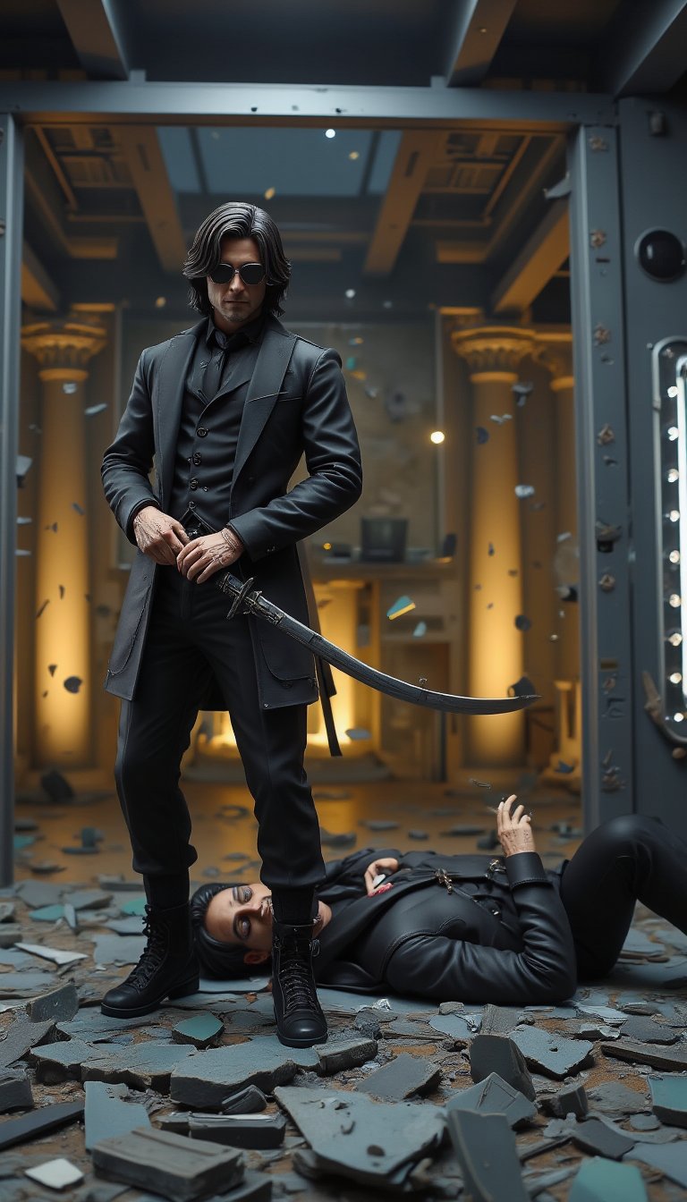 (Figure diorama that adds a cinematic sense of dynamism).Two characters stand out in an intense action scene set in a modern, minimalist interior with reflective glass walls and ceiling beams. The protagonist stands confidently in a sleek black suit consisting of a black jacket, matching trousers, shirt and tie, and black shoes with rugged soles. His shoulder-length dark hair frames his face, he wears slim Rodenstock sunglasses and looks into the camera with a look of stern concentration. In his right hand he holds tightly a curved silver samurai sword with a black handle, held horizontally so the blade reflects the light. His left hand is clasped close to his waist. The floor around him is covered with sharp shards of broken glass, creating an atmosphere of chaos. To the right of the protagonist lies a figure dressed in similarly dark clothing: a black leather jacket over a black shirt, black pants and black boots with rugged soles. The figure is lying on his back, holding a small knife or metal object in his right hand close to his head, and bruises and scratches are visible on his face and neck. His left arm is resting on the ground beside him. In the background is a large mirrored wall with a metal frame through which illuminated structures resembling columns and windows are visible, casting a warm yellow light on the scene. These reflections add depth and complexity to the setting, while also highlighting the high-tech nature of the location. The lighting is mostly dim artificial lighting from overhead, accentuating the dramatic atmosphere of the scene. The overall color palette includes dark slate gray, charcoal black, steel blue, midnight blue and golden yellow, contributing to a tense and suspenseful atmosphere typical of modern action films.,create figure 2,VNS_Add more details,Resin