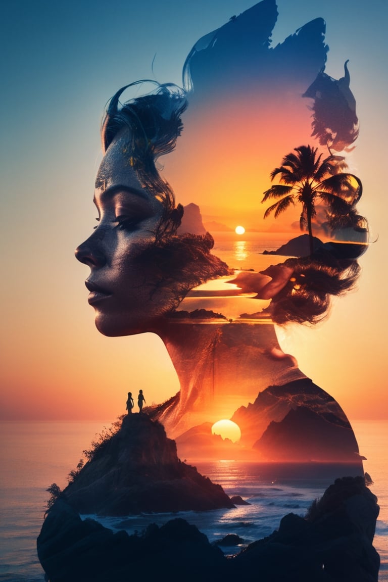 (Double exposure, beautifully designed goddess silhouette and sunrise coast, minimalist, crisp lines, amazing full color, Enhanced All, Detailed Textures, high quality, high resolution, high Accuracy, realism, color correction, Proper lighting settings, harmonious composition, Behance works