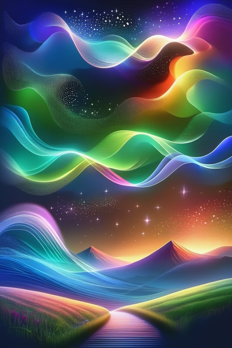 (The night sky, adorned with a mesmerizing cascade of colors from the twinkling dust of shooting stars, presents an epic tableau. The vibrant hues dance over the contours of rolling hills, creating a scene of profound depth and beauty, embodying perfection in the tranquil darkness.), detailed textures, high quality, high resolution, high Accuracy, realism, color correction, Proper lighting settings, harmonious composition, Behance works, minimalist hologram, DonMH010D15pl4yXL, DonMD1g174l4sc3nc10nXL