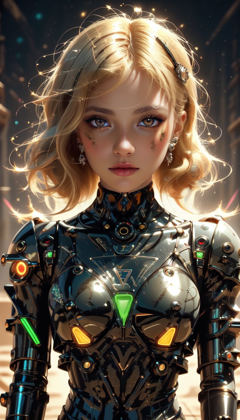 (A digital portrait of striking clarity, intricacy, and ornate detail, rendered dynamically in high quality. The style echoes the distinct aesthetics of Artgerm, Loish, Charlie Bowater, and Sara Tepes. It features a beautiful woman with a feminine allure, standing amidst a sandy desert. The scene is set against a backdrop of a futuristic eclipse, with geometric, chromatic, and biomechanical elements, evoking a science fiction and cyberpunk vibe. She is adorned in a casual attire that incorporates elements of latex, vinyl, plastic, glass, and LED lights, suggesting a cyborg or spacesuit influence), Detailed Textures, high quality, high resolution, high Accuracy, realism, color correction, Proper lighting settings, harmonious composition, Behance works,1 girl,milf,Detailedface,Gothic