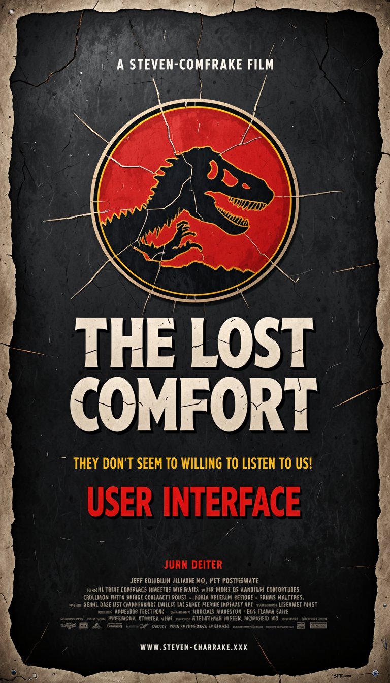 A parody of the movie poster "The Lost World: Jurassic Park" with a worn texture and a circular emblem in the center. The emblem features a bold worn red circle with a cracked texture and yellow outline, containing within it a cracked computer display, a black silhouette of a tilted smartphone. The display structure is rendered in a finely worn style with a zigzag outline, on a rough textured background. Below the emblem, the title "THE LOST COMFORT" is prominently displayed in large, bold white capital letters, with a worn texture with a yellow outline and black shadow. Below that, "USER INTERFACE" is written in smaller letters that match the style and color. Below the main title, the tagline "They don't seem to be willing to listen to us!" is placed in three separate lines in bold red capital letters, with a worn texture and a sinister atmosphere. At the top center, the text "A STEVEN OCHARAKE FILM" appears in small white capital letters. The background is a dark charcoal grey with a subtle grunge texture reminiscent of worn leather and stone that enhances the eerie atmosphere. Various production credits are listed in small white capital letters at the bottom of the poster, including Jeff Goldblum, Julianne Moore, and Pete Postlethwaite. The website "www.lost-comfort.xxx" also appears in white at the bottom. The overall color palette is high contrast and low brightness, consisting of black, red, yellow, and white. The poster features a vintage style with a gritty, adventurous feel that accentuates the suspenseful theme of the film.