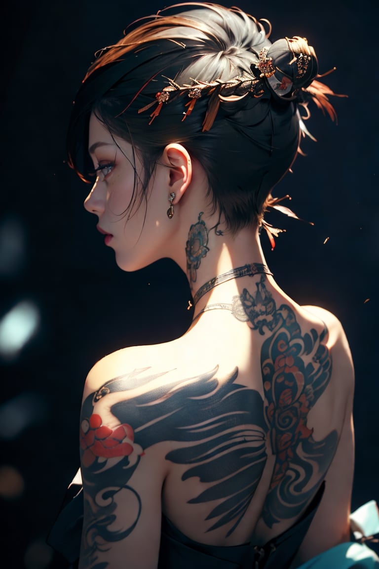 (With the theme of "Genshin & Tattoos", a beautiful back depicting an amazingly beautiful short-haired woman, high artistry with studio lighting, vivid colors, and deep depth of field), Detailed Textures, high quality, high resolution, high resolution Accuracy, realism, color correction, Proper lighting settings, low noise, sharp edges, harmonious composition,1 girl