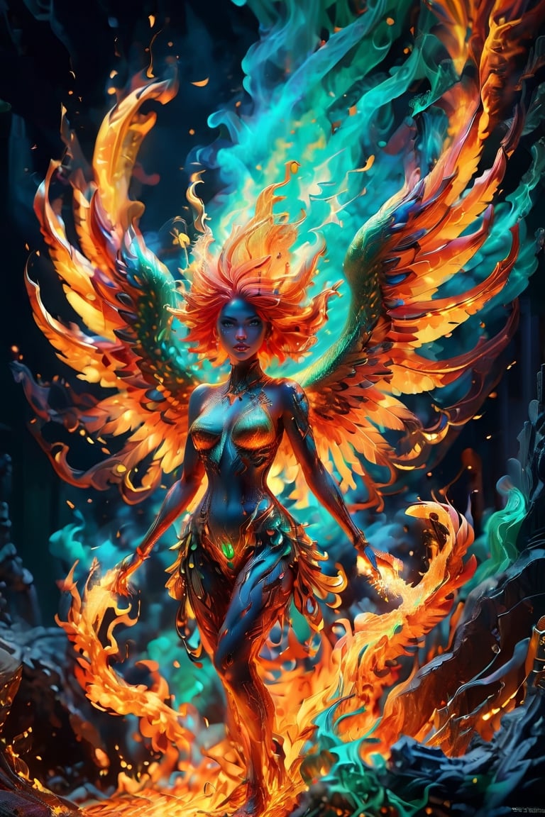 (In a stunningly surreal depiction, the concept of reincarnation is brought to life through a mesmerizing display of vibrant colors and intricate details. A majestic phoenix, symbolizing rebirth and renewal, is portrayed in a hyper-realistic painting. Its fiery feathers burst with hues of gold, crimson, and emerald, while its piercing eyes seem to hold the wisdom of ages. The artist's masterful brushstrokes capture every intricate detail, creating a truly captivating and exquisite image that leaves viewers in awe of the beauty and power of the cycle of life and death), Detailed Textures, high quality, high resolution, high Accuracy, realism, color correction, Proper lighting settings, harmonious composition, Behance works,DonMF41ryW1ng5XL