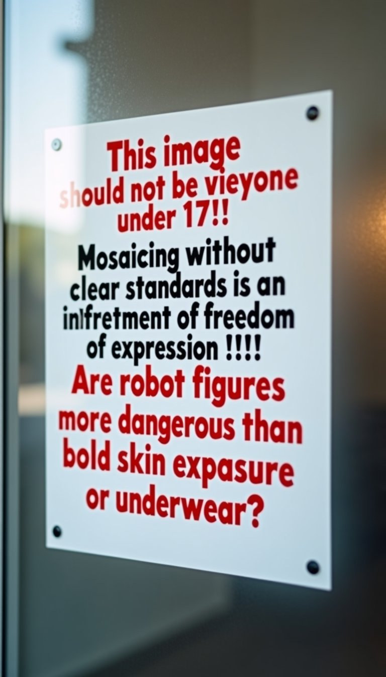 You can see the signboard behind the blurred frosted glass. A little above the center of the sign, in somewhat large red letters, it says "This image should not be viewed by anyone under 17!".
Below that, in black letters, it says "Mosaicing without clear standards is an infringement of freedom of expression!!"
Below that, in even more red letters, it says "Are robot figures more dangerous than bold skin exposure or underwear?"