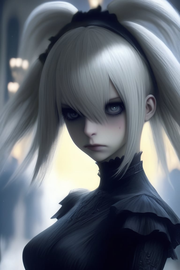 1girl, solo, long hair, bangs, blonde hair, dress, upper body, black eyes, grey eyes,goth person,,yorha2b