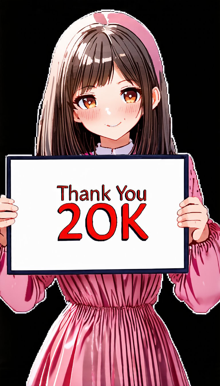 (A very cute girl. She is holding a big sign in both hands that says "Thank you 20k♥". The background is cute with light tones in the style of Camilla d’Errico), detailed texture, high quality, high resolution, high precision, realism, color correction, proper lighting settings, harmonious composition, Behance work, text, text is ""