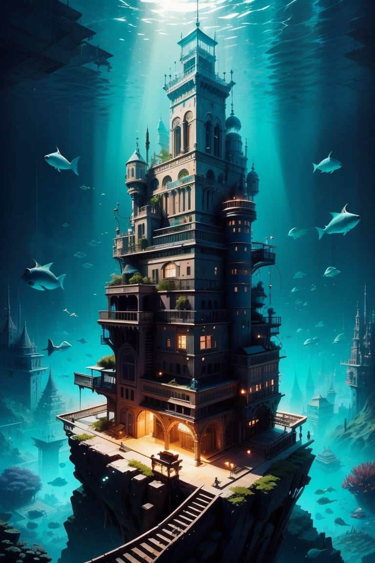 (A fantastic underwater city, its intricate buildings glistening in the dim light of the deep sea. Schools of exotic fish swim by, their scales catching the light, creating a dazzling sight. Seaweed and corals overtake the buildings and blend seamlessly into the city (into the marine environment), detailed textures, high quality, high resolution, high precision, realism, color correction, proper lighting settings, harmonious composition, Behance works,StackedCityAI