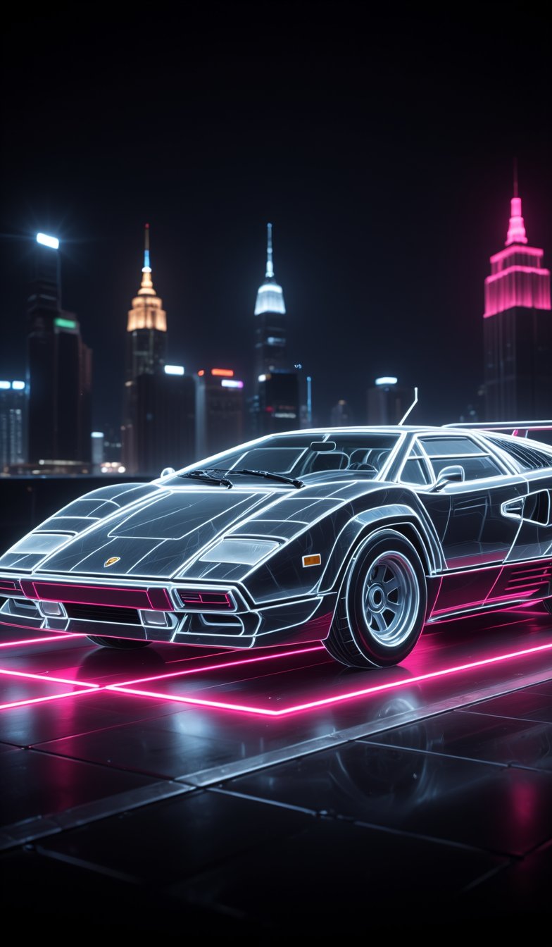 The silhouette of the Lamborghini Countach is rendered in neon, with only the outline of the silhouette expressed. The colorless body is illuminated with neon tube lights, shining brightly with a neon intensity of 1.4, with the city night view as the background.,hologram