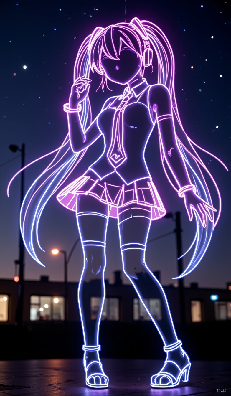 A full-body silhouette, outlined only, in the neon shape of Hatsune Miku's silhouette, colorless body, with only the outline in neon tube light illumination, shining brightly with a neon intensity of 1.4, set against a dancing pose and a night sky background.