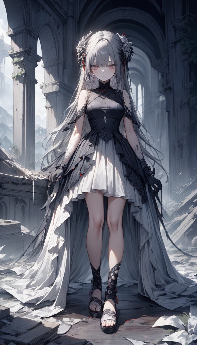 (A striking image reminiscent of Gothic aesthetics, a figure standing in a desolate landscape, this 2B android from the YoRHa series has been ravaged by time and decay, exuding an aura of somber elegance. A very beautiful face with a melancholic expression, every pixel depicting intricate details. Her hair cascades over her pale, porcelain skin, contrasting vividly with her blood-red eyes, filled with equal parts sadness and determination. A work of digital art, the perfect balance between eerie charm and ethereal beauty, feast your eyes on the melancholy existence of a stoic android in this haunting and exquisite depiction), Detailed Textures, high quality, high resolution, high Accuracy, realism, color correction, Proper lighting settings, harmonious composition, Behance works,large-eyed 