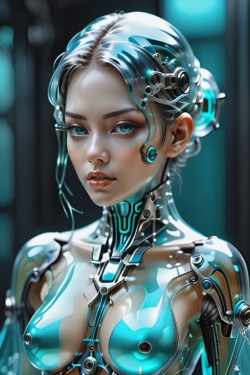 Glass super detailed translucent super super detailed, hyper realistic cyborg gothic girl, Tiffany Blue, forward facing, gothic style, high tech cyborg girl in translucent layered kimono, cyberpunk style, micro details, clear glass intricate details, beautiful Portrait of a person, elegant, highly detailed, digital painting, cyborg style, clear glass skin