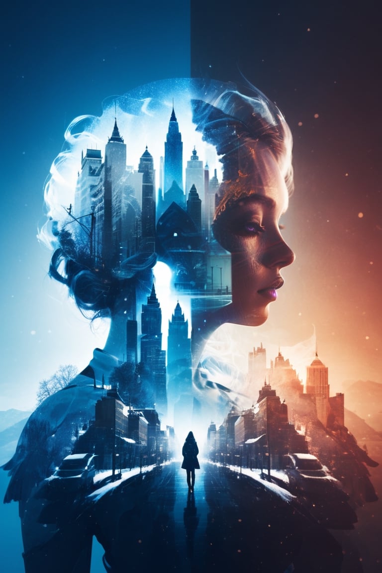 (Double exposure, beautifully designed goddess silhouette and winter city, minimalist, crisp lines, amazing full color, Enhanced All, Detailed Textures, high quality, high resolution, high Accuracy, realism, color correction, Proper lighting settings, harmonious composition, Behance works