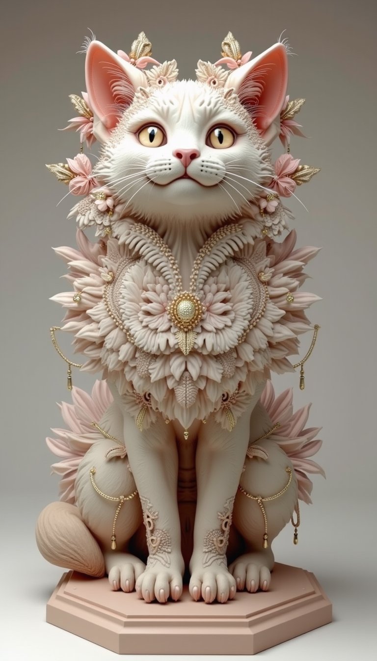 This digital art piece presents a full-body polymer clay sculpture of a cat, boasting an extraordinary level of detail. The cat features a fluffy fur texture and is adorned with glittering filigree elements that add a touch of fantasy. The artwork, influenced by the styles of Craola, Jasmine Becket-Griffith, and Cyril Rolando, is a concept model that stands out with its centered and perfect composition. The complex pose of the cat, combined with the intricate design details, creates a bright and dynamic visual experience. The sculpture is displayed on a hexagonal stand against a neutral board background, resembling a professional studio photograph, visionary art style