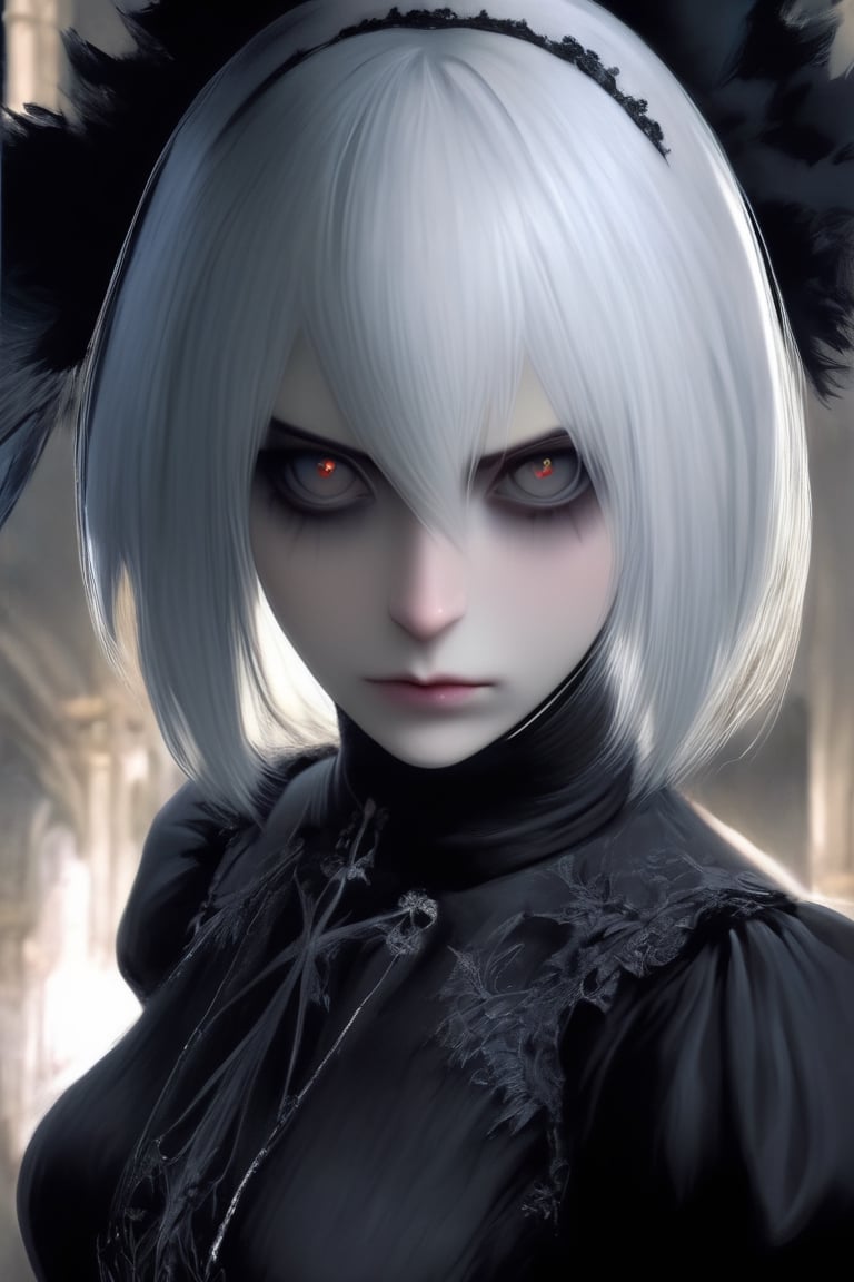 1girl, solo, long hair, bangs, blonde hair, dress, upper body, black eyes, grey eyes,goth person,,yorha2b