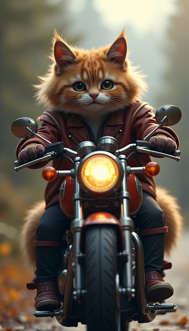 (An anthropomorphic Norwegian Forest Cat happily riding a large motorcycle), (f1.4, Canon EOS, SIGMA Art Lens 35mm F1.8, ISO 200 Shutter Speed 2000), Unity, Unreal Engine, High Technology, Octane Rendering, Ultra High Quality, Ultra High Resolution, Ultra High Quality, Ultra Realistic, Color Correct, Good Lighting Settings, Good Composition, Very Low Noise, Sharp Contours, Harmonious Great composition, precise and detailed drawing