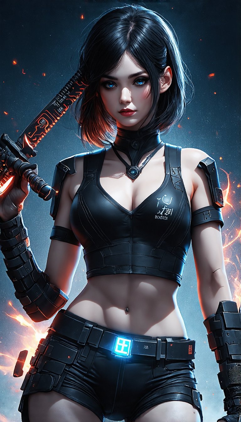 (a futuristic female warrior holding a katana, detailed skin, pale skin, in a deep neckline highly detailed futuristic cyberpunk black crop top and underpants made of circuit boards, korean words with a flare effect, beautiful epic composition, Mysterious), Detailed Textures, high quality, high resolution, high Accuracy, realism, color correction, Proper lighting settings, harmonious composition, Behance works,cocoart,ek_art_b00ster