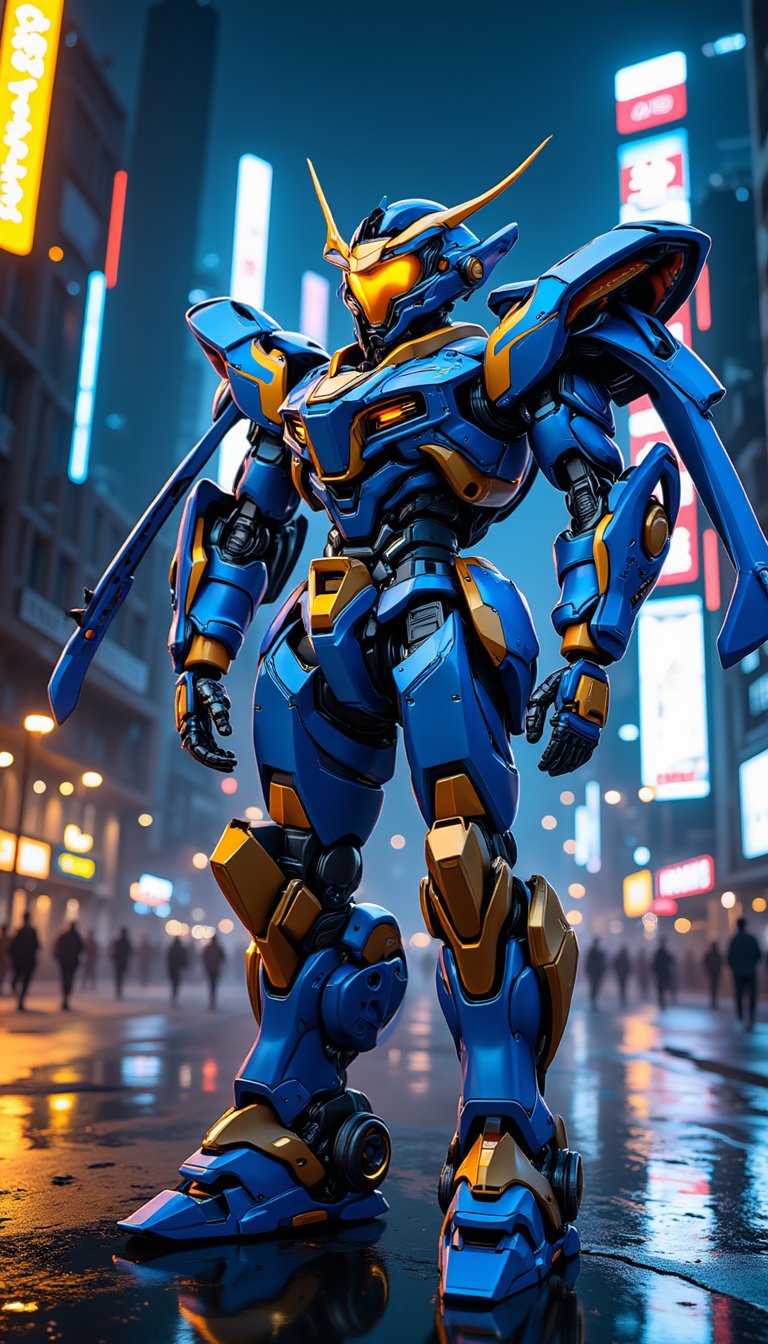 Unparalleled beauty, Neon outline, gold, ultramarine blue, night view of the future city, epic mecha,Neon