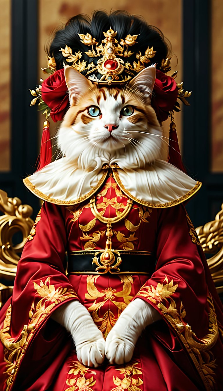 A highly detailed digital illustration portrays an anthropomorphic cat dressed in traditional royal Chinese attire, positioned centrally against a blurred background of an ornate room. The cat has a light beige and white coat with large, expressive eyes featuring a mix of light blue, green, and golden hues. It wears a sophisticated golden headpiece adorned with a prominent red gemstone surrounded by intricate gold designs and smaller orange and green accents. A red and gold tassel hangs from a thin red string on the left side of its head. Long, flowing white fur extends from the cat's back, blending into the background. The cat is dressed in a deep crimson red robe with elaborate gold embroidery depicting intricate swirling patterns, dragons, and floral motifs. The robe features wide sleeves with golden trim, a deep neckline revealing a gold undergarment, and a high collar embellished with golden patterns. A broad gold belt with a black floral design runs across the waist, cinching the garment and adding to its regal appearance. The cat's hands are delicately positioned at the waist, with fingers gently intertwined in a graceful pose. A small golden ornament with intricate designs hangs from a necklace around its neck. The background showcases traditional Chinese architectural elements, including a window with intricate geometric designs and soft, warm lighting that creates gentle shadows and highlights, enhancing the serene and regal mood of the illustration. The overall composition is balanced and centered, emphasizing the cat's dignified and noble presence in this opulent setting.,Vietnam Beauty