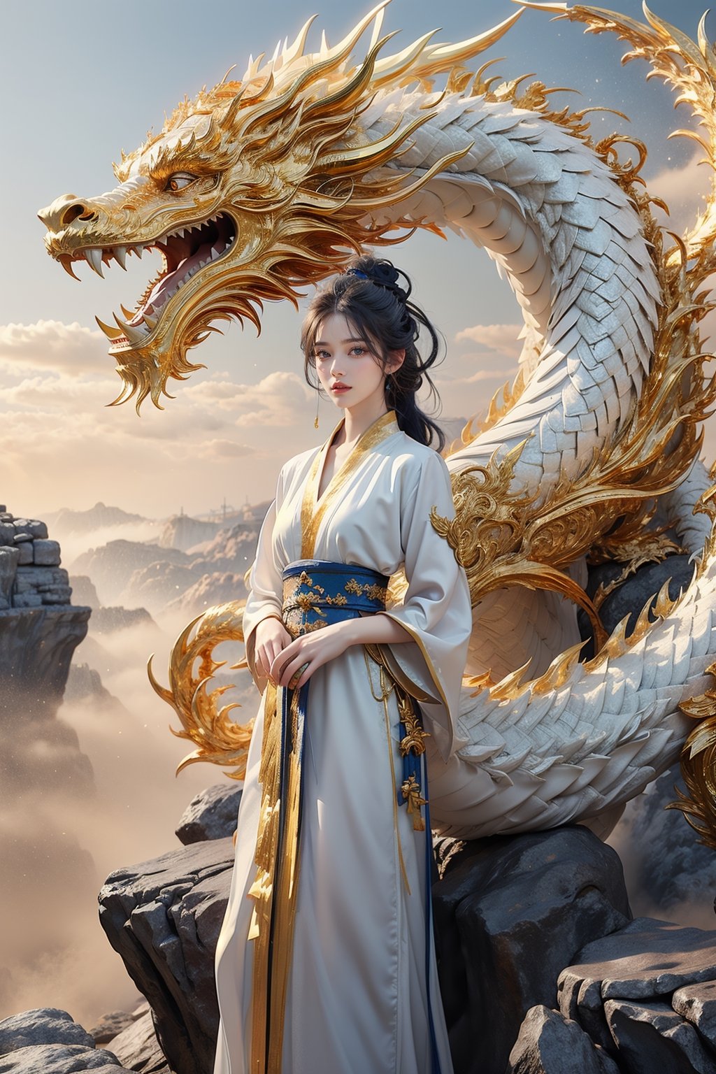 masterpiece, top quality, best quality, official art, beautiful and aesthetic:1.2), (1girl:1.3), , girl, blue hair, hanfu fashion, chinese dragon,  white dragon, (golden theme:1.5), volumetric lighting, ultra-high quality, photorealistic, misty rock moutain background,AgoonGirl