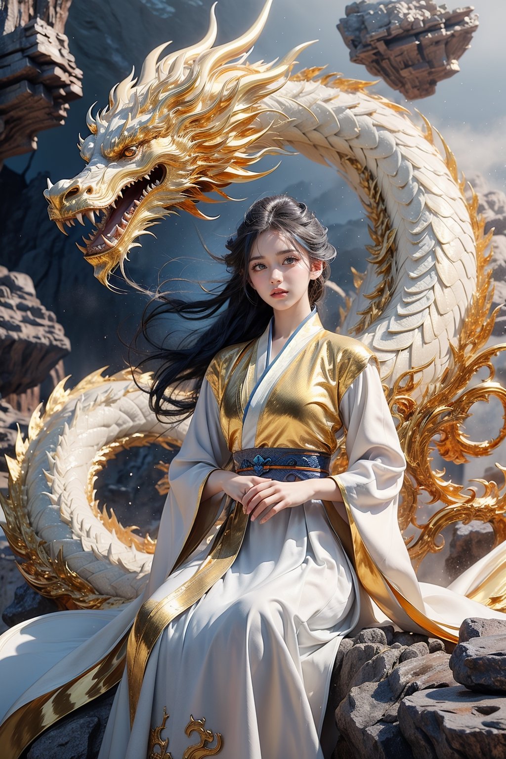 masterpiece, top quality, best quality, official art, beautiful and aesthetic:1.2), (1girl:1.3), , girl, blue hair, hanfu fashion, chinese dragon,  white dragon, (golden theme:1.5), volumetric lighting, ultra-high quality, photorealistic, misty rock moutain background,AgoonGirl