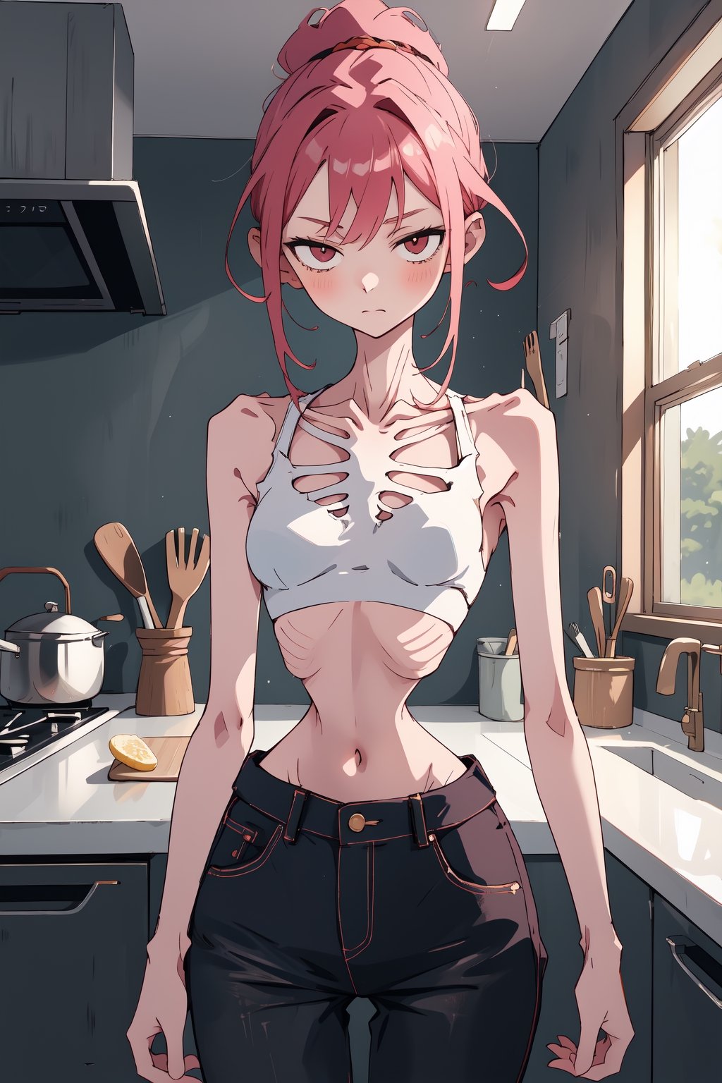 (SaltBaeMeme), by oda non by yogisya, a very skinny girl, red head, sexy baggy crop top,  ribcage,indoors, kitchen, detailed background, twilight, intimacy, soft lighting, masterpiece, best quality, high quality, highres, absurdres, very detailed, high resolution, sharp, sharp image, 8k, vivid, colorful, stunning, anime, aesthetic,skinny, ,Ribs