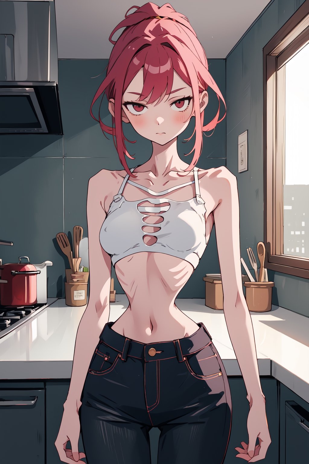 (SaltBaeMeme), by oda non by yogisya, a very skinny girl, red head, sexy baggy crop top,  ribcage,indoors, kitchen, detailed background, twilight, intimacy, soft lighting, masterpiece, best quality, high quality, highres, absurdres, very detailed, high resolution, sharp, sharp image, 8k, vivid, colorful, stunning, anime, aesthetic,skinny, ,Ribs