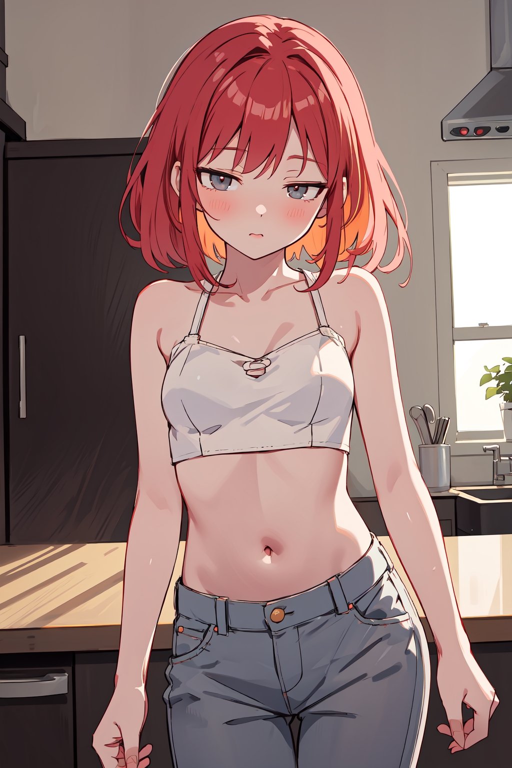 (SaltBaeMeme), by oda non by yogisya, a very skinny girl, red head, sexy baggy crop top,  ribcage,indoors, kitchen, detailed background, twilight, intimacy, soft lighting, masterpiece, best quality, high quality, highres, absurdres, very detailed, high resolution, sharp, sharp image, 8k, vivid, colorful, stunning, anime, aesthetic,skinny, ,Ribs