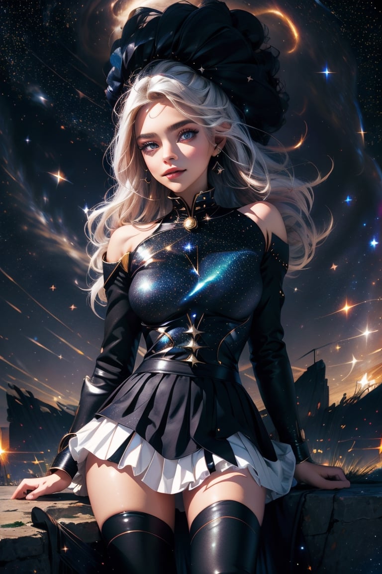 ((masterpiece)), (((best quality))), ((ultra-detailed)), ((illustration)), ((disheveled hair)), beautiful detailed eyes, (1girl:1.2),(solo), dynamic angle, dark magician girl,(black kneehighs:1.1),(starry tornado:1.4), starry Nebula, ((frills)), beautiful detailed sky, beautiful detailed eyes,evil smile, expressionless,hairs between eyes,  white  hair,pleated skirt,((disreveled hair)),High detailed 