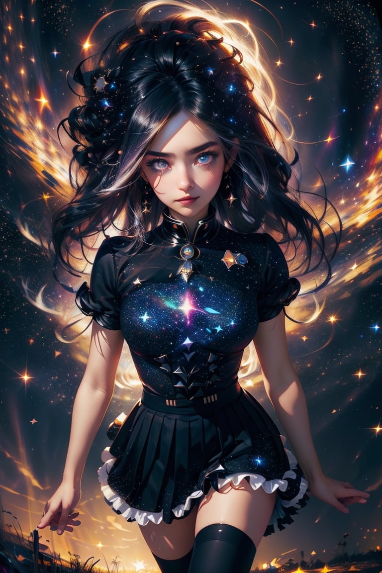 ((masterpiece)), (((best quality))), ((ultra-detailed)), ((illustration)), ((disheveled hair)), beautiful detailed eyes, (1girl:1.2),(solo), dynamic angle, dark magician girl,(black kneehighs:1.1),(starry tornado:1.4), starry Nebula, ((frills)), beautiful detailed sky, beautiful detailed eyes,evil smile, expressionless,hairs between eyes,  white  hair,pleated skirt,((disreveled hair)),High detailed 